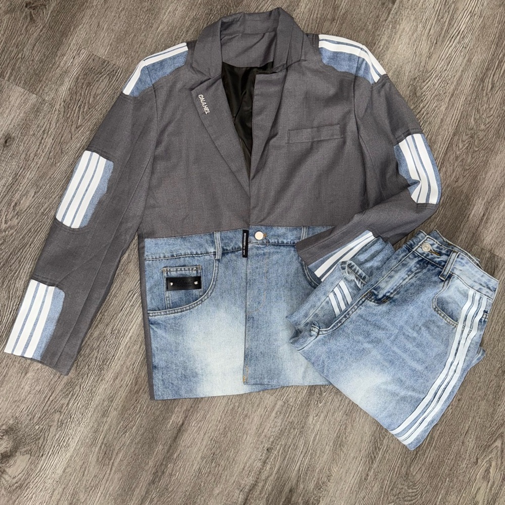 Gray and Blue Striped Blazer with Jeans